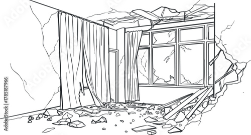 Outline vector illustration of a damaged room interior with broken walls, curtains, and scattered debris for renovation concepts