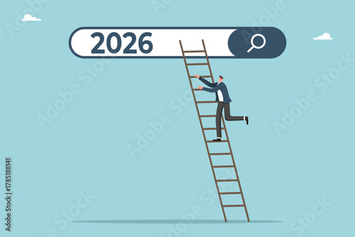 Analysis and planning of future projects in coming year, development of strategies for achieving high results, construction of course of business development, man goes up to search bar from 2026.