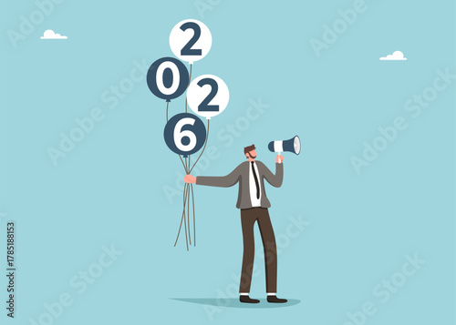 Demonstration of leadership qualities in new 2026, preparation of employees for future business development, setting business goals to achieve heights, man with balloons from 2026 and loudspeaker.