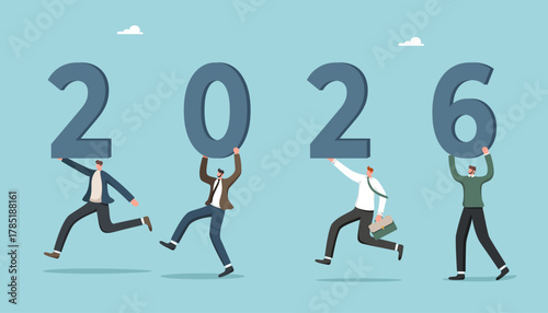 Development of new business projects in the coming year, teamwork to achieve heights in 2026, planning business strategies, collaboration for great success, people are running with numbers 2026.