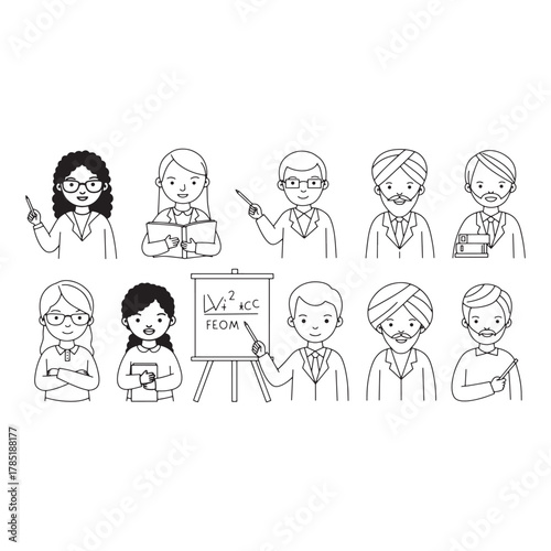 Diverse Educators and Students in Outline Style with Whiteboard