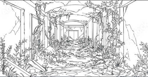 Intricate line art illustration of an abandoned hallway overtaken by nature, ideal for artistic and design projects