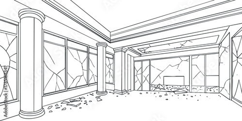 Outline vector illustration of an abandoned interior space with broken glass and dilapidated columns, suitable for design and art projects