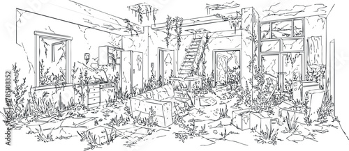 Detailed line art illustration of an abandoned interior scene with overgrown plants and vintage furniture for design projects