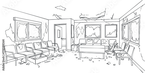 Line art illustration of an abandoned waiting room with damaged walls, empty chairs, and debris scattered on the floor
