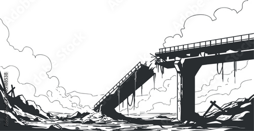 Black and white vector illustration of a devastated landscape featuring a broken bridge and a desolate environment, ideal for dystopian themes and graphic design projects