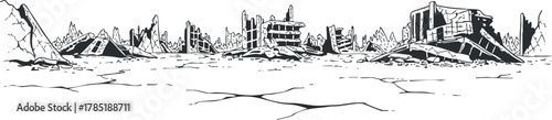 Minimalist black and white vector illustration of a ruined cityscape landscape, ideal for post-apocalyptic themes and graphic design projects