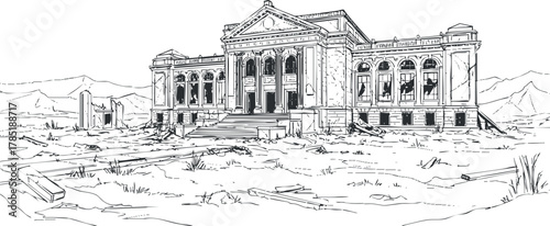 Detailed outline illustration of an abandoned historical building in a desolate landscape for artistic projects