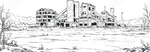 Outline vector illustration of an abandoned factory complex in a desolate landscape, suitable for urban decay themes and artistic projects