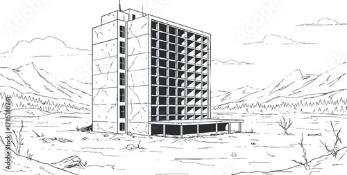 Outline vector illustration of an abandoned high-rise building in a desolate landscape, suitable for architectural and environmental themes
