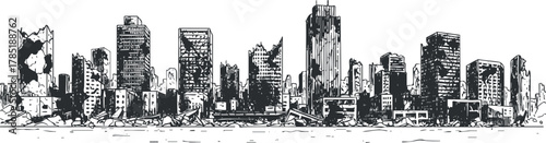 Detailed black and white vector illustration of a modern city skyline featuring various architectural styles and structures
