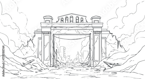 Outline vector illustration of ancient ruins with a grand archway set in a dramatic landscape for fantasy design projects