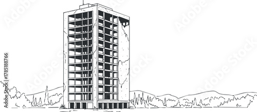Outline vector illustration of a modern high-rise building with a surrounding landscape, suitable for architectural and design projects
