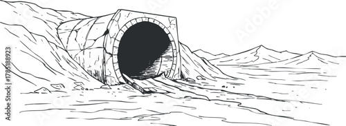 Line art vector illustration of a tunnel entrance in a barren landscape, suitable for environmental and adventure-themed projects