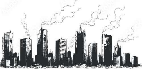 Artistic black and white vector illustration of a city skyline featuring tall buildings and smoke for urban-themed projects
