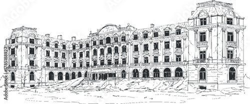 Detailed black and white vector illustration of an abandoned historic building with elaborate architecture and urban setting