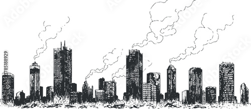Detailed black and white vector illustration of an urban skyline featuring skyscrapers and clouds, perfect for design projects.