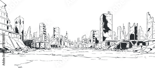 Detailed black and white vector illustration of a post-apocalyptic city landscape with ruins and abandoned structures.