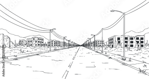 Outline vector illustration of an abandoned urban landscape featuring empty streets and dilapidated buildings for design projects.