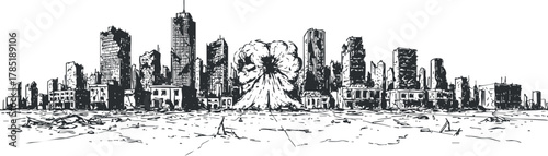 Dramatic black and white vector illustration of a city skyline with a nuclear explosion, symbolizing destruction and disaster