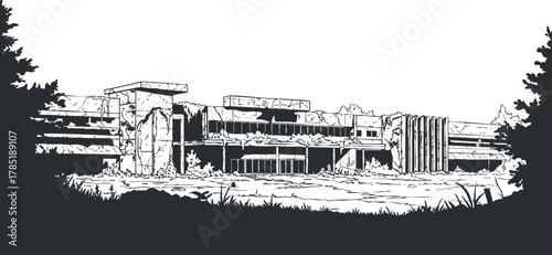Outline vector illustration of an abandoned building surrounded by overgrown nature, ideal for urban exploration themes and design projects