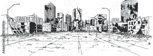 Detailed black and white vector illustration of a post-apocalyptic cityscape featuring abandoned buildings and debris for artistic projects.