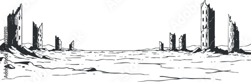 Black and white vector illustration of a desolate landscape featuring ruins and abandoned structures, ideal for dystopian themes and design projects
