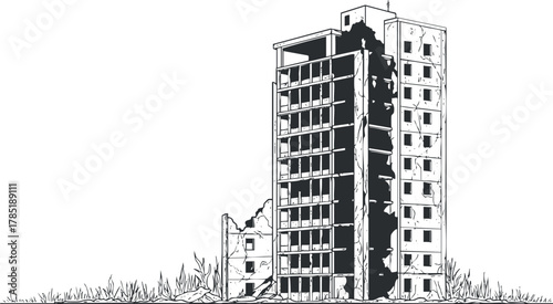 Detailed black and white vector illustration of a dilapidated high-rise building, showcasing urban decay and destruction themes for design projects.