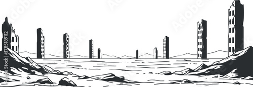 Surreal black and white vector illustration of a desolate landscape featuring ruined structures against a barren horizon.