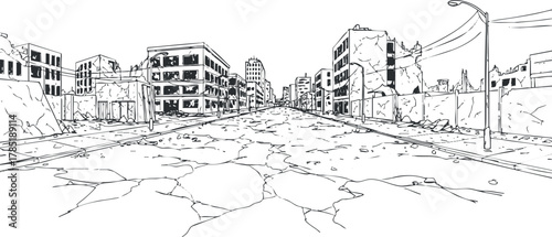 Detailed lineart illustration of a deserted urban landscape featuring abandoned buildings and a cracked street design for post-apocalyptic themes.