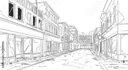 Detailed line art illustration of an empty urban street scene with abandoned buildings and a clear perspective