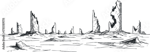 Detailed black and white vector illustration of a desolate landscape featuring crumbling ruins and a barren horizon, ideal for environmental themes and artistic projects