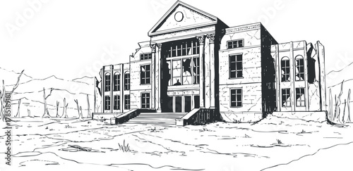 Detailed black and white vector illustration of an abandoned historical building in a deserted landscape for architectural projects