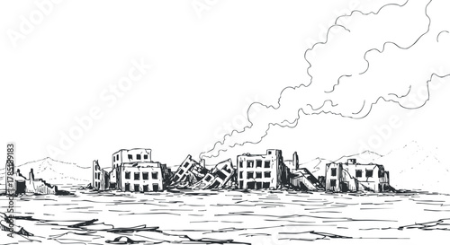 Outline vector illustration of a devastated landscape featuring ruined buildings and smoke for disaster-themed projects
