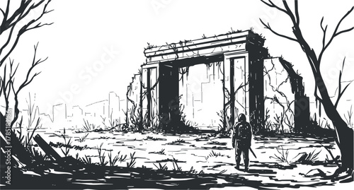 Monochrome vector illustration of a lone figure in a desolate landscape featuring ruined architecture and overgrown nature.