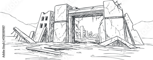 Outline vector illustration of a flooded ruin with broken buildings and debris for disaster recovery and environmental themes