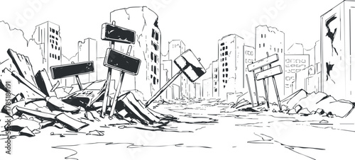 Outline vector illustration of a devastated urban landscape featuring collapsed buildings and overturned street signs