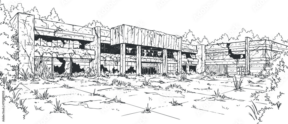 Fototapeta premium Detailed line art illustration of an abandoned building showcasing urban decay and overgrowth in a natural landscape