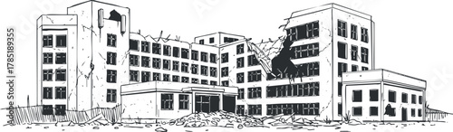 Detailed black and white vector illustration of a collapsed abandoned building, suitable for urban decay themes and design projects