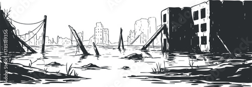 Minimalist black and white vector illustration of a post-apocalyptic landscape featuring abandoned buildings and flooded ruins