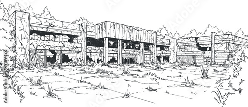 Detailed line art illustration of an abandoned building showcasing urban decay and overgrowth in a natural landscape