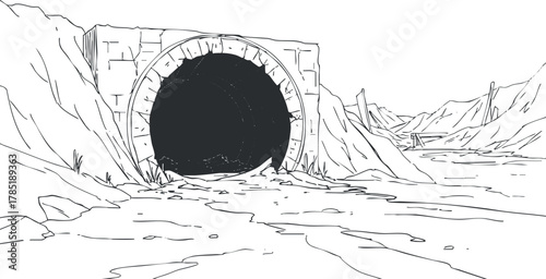 Outline vector illustration of a tunnel entrance surrounded by mountains and water for landscape design and artistic projects