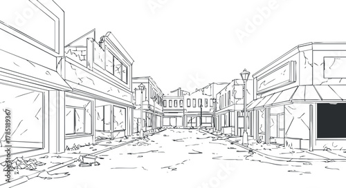 Line art illustration of an abandoned street in a desolate urban landscape, suitable for graphic design and concept art.