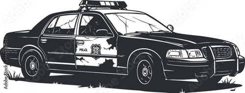 Stylized black and white vector illustration of a classic police car featuring a detailed side view for law enforcement themes
