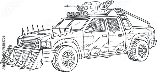 Detailed line art illustration of a modified combat truck featuring armor, spikes, and weaponry for action and adventure themes