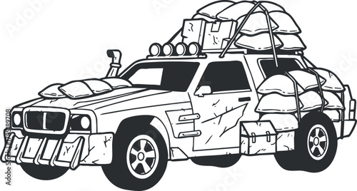 Stylized black and white vector illustration of an adventurous SUV loaded with camping gear for outdoor exploration