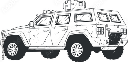Detailed line art illustration of an off-road armored vehicle, ideal for military and adventure-themed design projects