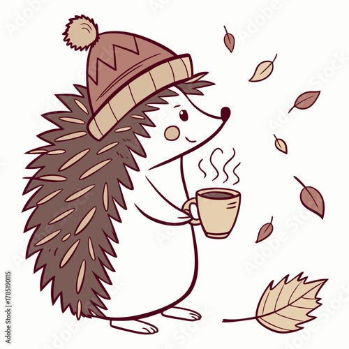 Hedgehog wearing hat drinking hot coffee with autumn leaves
