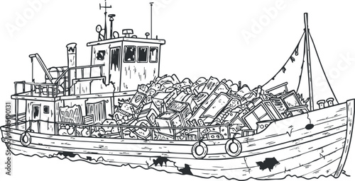 Detailed outline vector illustration of a tugboat filled with cargo and waste materials for environmental awareness projects