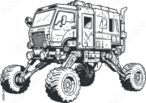 Detailed outline vector illustration of a futuristic off-road vehicle with robotic features for engineering and design projects